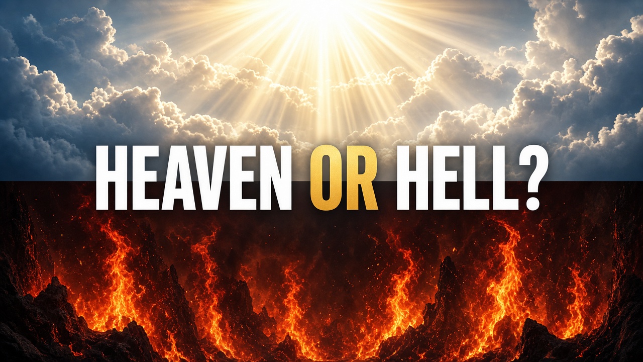 Golden light breaking through the clouds of Heaven above, and the flames of Hell below, with the words Heaven or Hell?